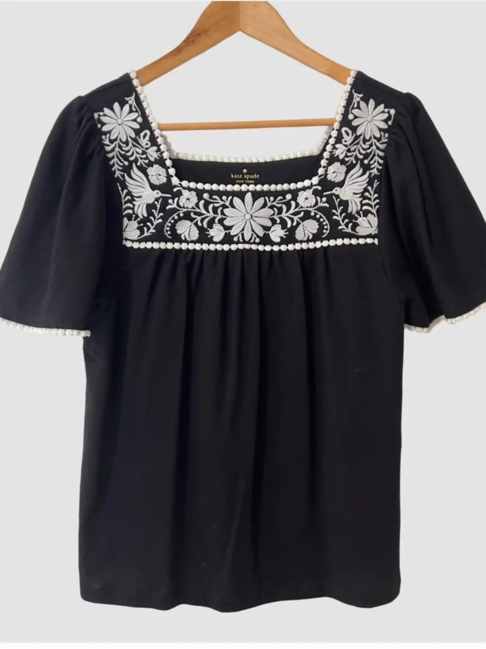 kate spade Black Top with White Floral Embroidery